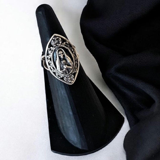La Santa Muerte Ring, 925 Sterling Silver, holding a Rose & Ornate Floral Border